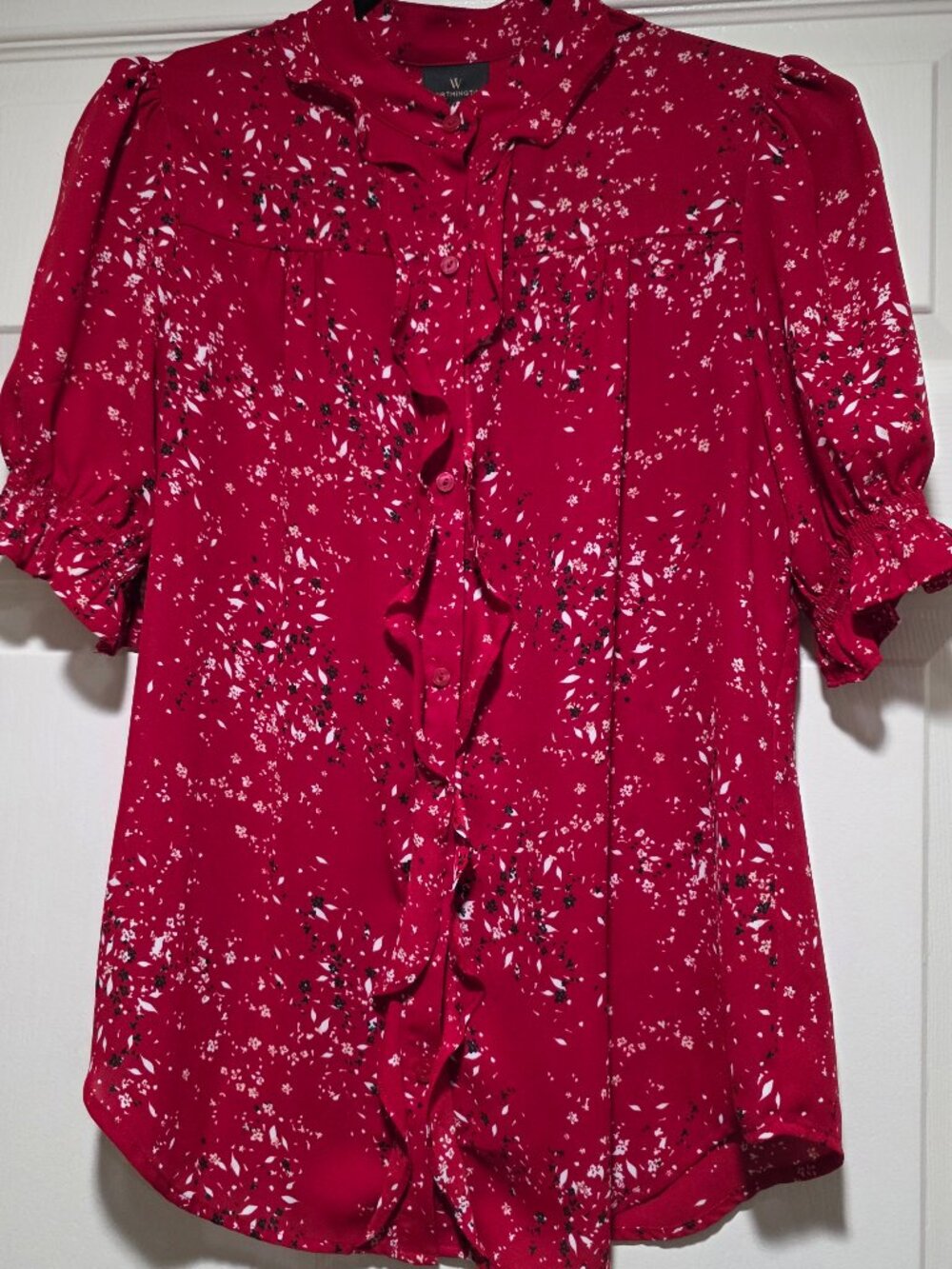 Worthington Cherry Red Ruffle Blouse Floral Branch Print